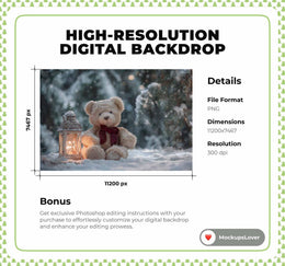 Christmas Digital Backdrop, Teddy Bear, Winter Wonderland Photo Background, Holiday Prop, Woodland Creatures, Photoshop & Canva Template