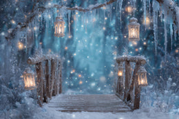 Frozen Bridge Digital Backdrop, Winter Wonderland Photo Background, Christmas Lanterns, Holiday Kids Prop, Photoshop & Canva Template