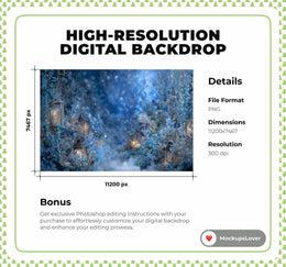 Frozen Fantasy Forest Digital Backdrop, Winter Wonderland Photo Background, Lanterns, Christmas Holiday Prop, Photoshop & Canva Template