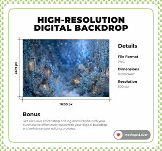 Frozen Fantasy Forest Digital Backdrop, Winter Wonderland Photo Background, Lanterns, Christmas Holiday Prop, Photoshop & Canva Template