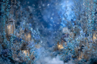 Frozen Fantasy Forest Digital Backdrop, Winter Wonderland Photo Background, Lanterns, Christmas Holiday Prop, Photoshop & Canva Template