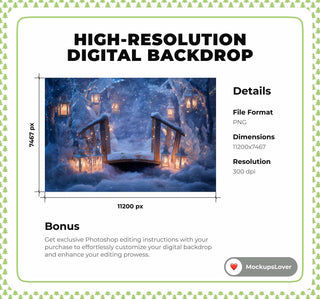 Winter Fantasy Forest Bridge Digital Backdrop, Christmas Photo Background, Lanterns, Holiday Kids Prop, Photoshop & Canva Template