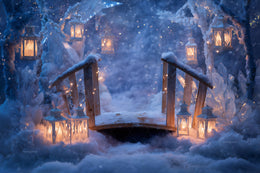 Winter Fantasy Forest Bridge Digital Backdrop, Christmas Photo Background, Lanterns, Holiday Kids Prop, Photoshop & Canva Template