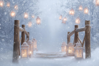 Winter Wonderland Digital Photo Background, Holiday Backdrop, Christmas Prop, Fantasy Forest Bridge, Lanterns, Photoshop & Canva Template