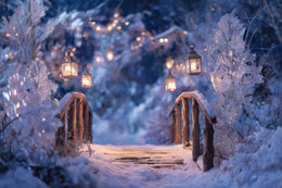Winter Wonderland Digital Photo Background, Christmas Lantern Backdrop, Forest Bridge, Holiday Kids Prop, Photoshop & Canva Template