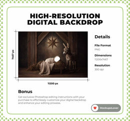 Christmas Nativity Stable Newborn Digital Backdrop, Face Swap Overlay, Farmhouse Background, Holiday Baby Prop, Photoshop & Canva Template