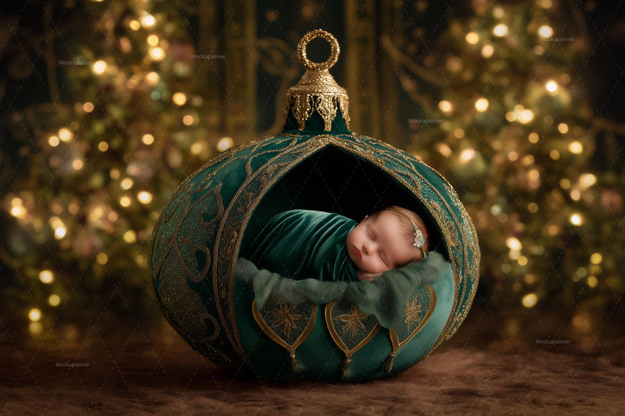 newborn in christmas ball ornament digital backdrop with winter wonderland theme for holiday photos