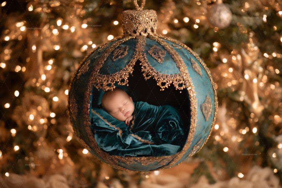 newborn baby lying against a golden christmas ball digital backdrop, perfect for holiday portraits and photoshop editing