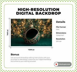 Green Christmas Ball Newborn Digital Backdrop, Holiday Studio Photo Background, Baby Boy Girl Portrait Prop, Photoshop & Canva Template