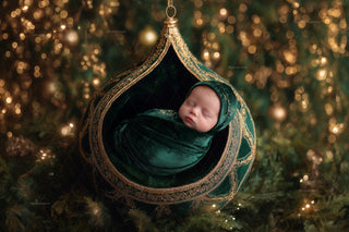 festive christmas baby portrait with a green ball backdrop, ideal for holiday photo sessions
