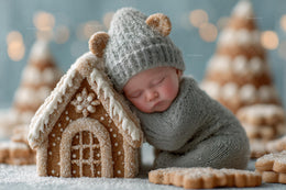 baby with gingerbread house backdrop, holiday scene, digital overlay, perfect for christmas photos