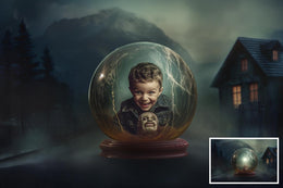 Halloween Glass Globe Digital Backdrop Bundle, Horror Kids Photo Background, Skeletons, Witch, Clowns, Dracula, Photoshop & Canva Template