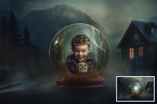 Halloween Glass Globe Digital Backdrop Bundle, Horror Kids Photo Background, Skeletons, Witch, Clowns, Dracula, Photoshop & Canva Template