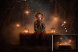 Haunted Fantasy Forest Digital Backdrop Bundle, Halloween Photo Background, Pumpkins, Lanterns, Horror Kids Prop, Photoshop & Canva Template
