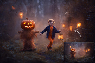 Haunted Fantasy Forest Digital Backdrop Bundle, Halloween Photo Background, Pumpkins, Lanterns, Horror Kids Prop, Photoshop & Canva Template