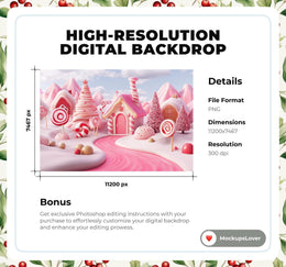 Candyland Christmas Digital Backdrop Bundle, Candy Canes, Winter Wonderland Photo Background, Holiday Kids Prop, Photoshop & Canva Template
