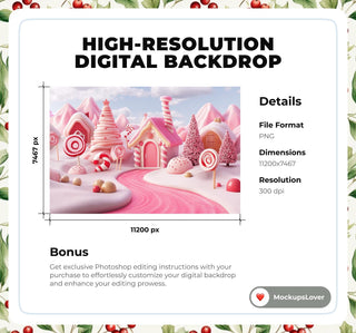 Candyland Christmas Digital Backdrop Bundle, Candy Canes, Winter Wonderland Photo Background, Holiday Kids Prop, Photoshop & Canva Template