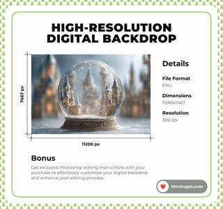 Christmas Glass Globe Digital Backdrop, Winter Wonderland Photo Background, Princess Castle, Holiday Kids Prop, Photoshop & Canva Template