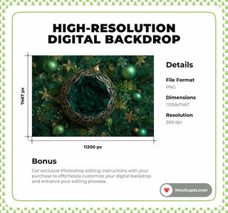 Green Christmas Ball Newborn Digital Backdrop, Studio Photo Background, Holiday Baby Prop, Photoshop & Canva Template, Photo Editing