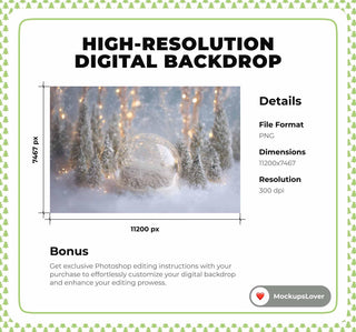 Christmas Glass Globe Digital Backdrop, Holiday Newborn Photo Background, Woodland Baby Prop, Winter Wonderland, Photoshop & Canva Template