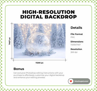 Christmas Glass Globe Digital Backdrop, Winter Wonderland Newborn Photo Background, Holiday Baby Prop, Photoshop & Canva Template