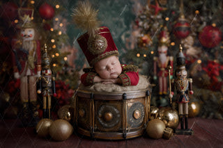 baby with nutcracker figure in festive scene, digital backdrop for holiday photos