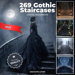 gothic halloween staircase with eerie decorations for horror-themed photo overlays