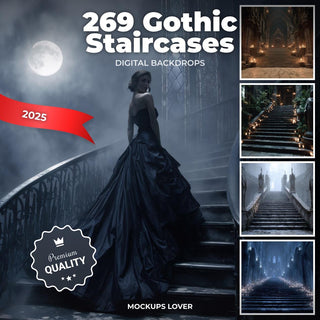 gothic halloween staircase with eerie decorations for horror-themed photo overlays