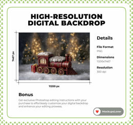 Red Christmas Train Newborn Digital Backdrop, Holiday Studio Photo Background, Baby Prop, Winter Wonderland, Photoshop & Canva Template