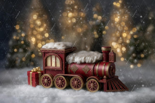 Red Christmas Train Newborn Digital Backdrop, Holiday Studio Photo Background, Baby Prop, Winter Wonderland, Photoshop & Canva Template