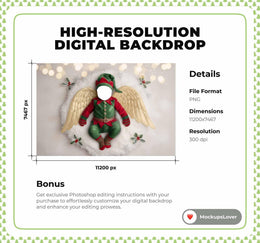 Christmas Elf Face Swap Overlay, Newborn Digital Backdrop, Golden Angel Wings, Studio Background, Holiday Baby Prop, Photoshop Template
