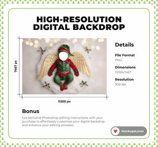 Christmas Elf Face Swap Overlay, Newborn Digital Backdrop, Golden Angel Wings, Studio Background, Holiday Baby Prop, Photoshop Template