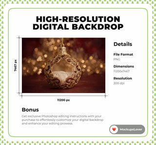 Red Christmas Ornament Newborn Digital Backdrop, Golden Studio Photo Background, Holiday Baby Prop, Photoshop & Canva Template