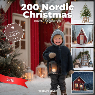digital backdrop featuring a nordic christmas winter scene, suitable for holiday photos and festive projects