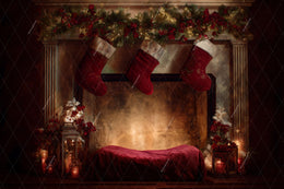 Cozy Christmas Baby Digital Backdrop, Fireplace, Red Studio Photo Background, Holiday Newborn Prop, Photoshop/Canva Template, Photo Editing