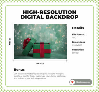 Christmas Gift Digital Backdrop, Green Studio Photo Background, Holiday Baby Kids Prop, Winter Wonderland, Photoshop & Canva Template