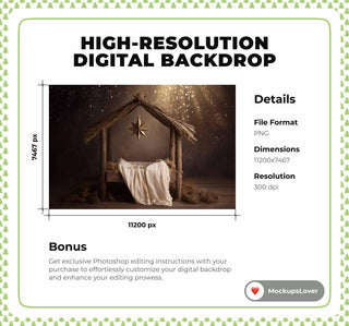 Christmas Nativity Digital Backdrop, Farm Wooden Barn Photo Background, Holiday Newborn Baby Prop, Photoshop & Canva Template, Photo Editing