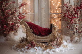 Golden Santa Sleigh Newborn Digital Backdrop, Christmas Photo Background, Holiday Studio Baby Prop, Photoshop & Canva Template