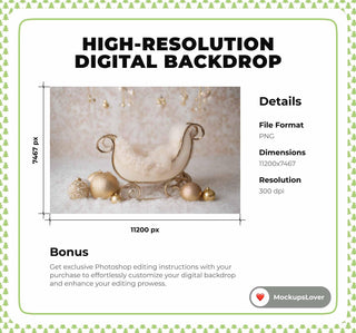 Golden Christmas Newborn Digital Backdrop, Santa Sleigh, Studio Photo Background, Holiday Baby Prop, Photoshop & Canva Template