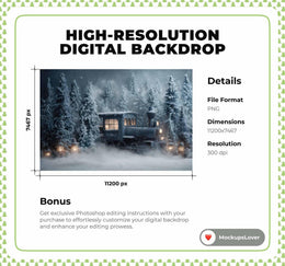 Christmas Train Digital Backdrop, Polar Express Photo Background, Winter Wonderland, Snowy Forest, Holiday Kids Prop, Photoshop Template