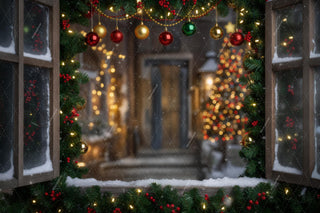 Christmas Window Digital Backdrop, Rustic Photo Background, Holiday Kids Prop, Winter Wonderland, Photoshop & Canva Template, Photo Editing