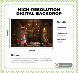 Christmas Kitchen Digital Backdrop, Bakery Photo Background, Gingerbread Cookies and Milk, Holiday Kids Prop, Photoshop & Canva Template