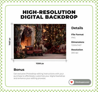 Christmas Train Digital Backdrop, Cozy Holiday Photo Background, Winter Wonderland Kids Prop, Fireplace, Photoshop & Canva Template