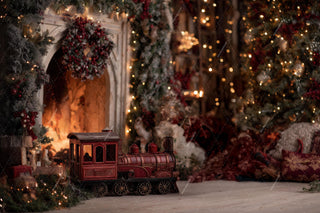 Christmas Train Digital Backdrop, Cozy Holiday Photo Background, Winter Wonderland Kids Prop, Fireplace, Photoshop & Canva Template