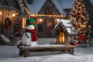 Christmas Village Digital Backdrop, Wooden Bench, Snowman, Winter Wonderland Photo Background, Holiday Kids Prop, Photoshop & Canva Template