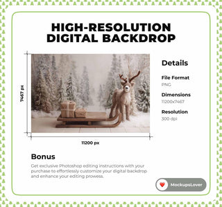 Nordic Christmas Digital Backdrop, Reindeer, Sleigh, Winter Wonderland Photo Background, Holiday Studio Kids Prop, Photoshop/Canva Template