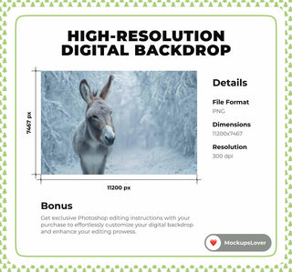 Winter Forest Animals Digital Backdrop, Holiday Photo Background, Christmas Nativity Kids Prop, Donkey, Photoshop & Canva Template