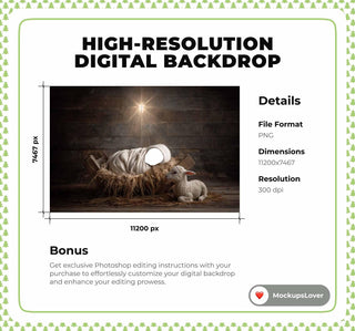 Nativity Christmas Baby Digital Backdrop, Face Swap Overlay, Christmas Animals, Lamb, Newborn Photo Background, Photoshop & Canva Template
