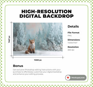 Winter Forest Animals Digital Backdrop, Red Fox, Studio Photo Background, Holiday Kids Prop, Photoshop & Canva Template, Photo Editing