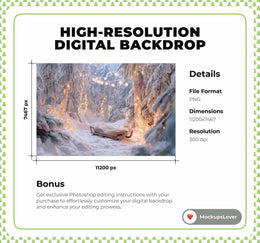 Christmas Snowy Forest Digital Backdrop, Wooden Sleigh Photo Background, Holiday Kids Prop, Winter Wonderland, Photoshop & Canva Template